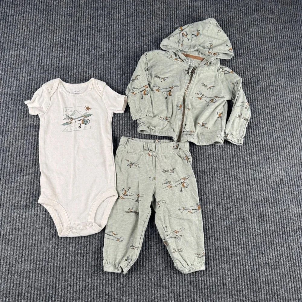 Carters Baby 9M 3-Piece‎ Airplane Set Sage Green Hoodie Joggers Onesie Aviation
